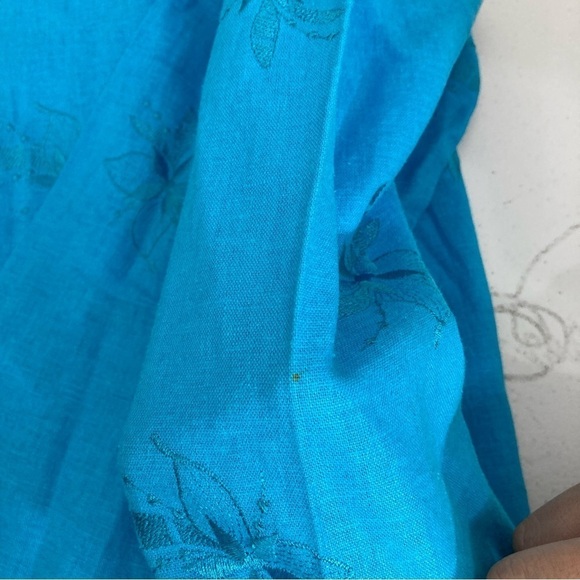 Vintage Blue Linen Blend Floral Embroidered Long Sleeve Button Down Large - Picture 9 of 9